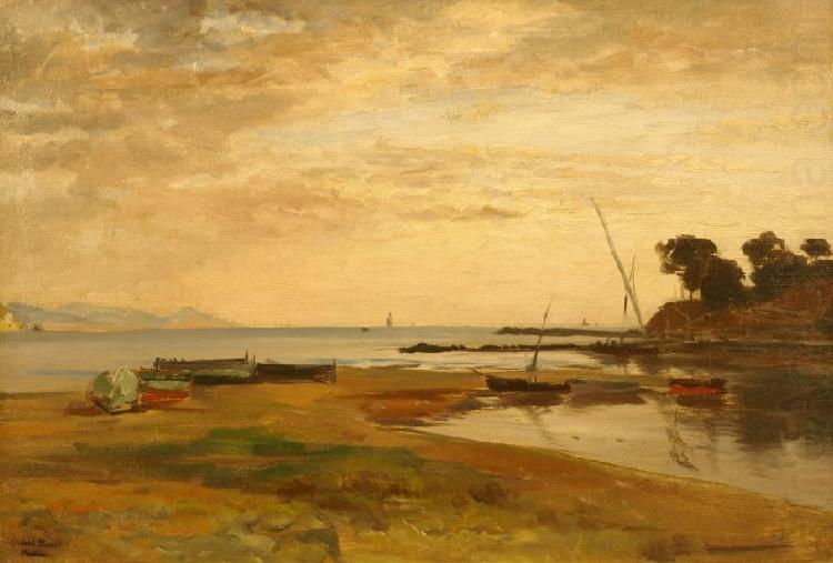 Albert Hertel Coastline at low tide in the evening light. Resting in the foreground dry sailing boats china oil painting image